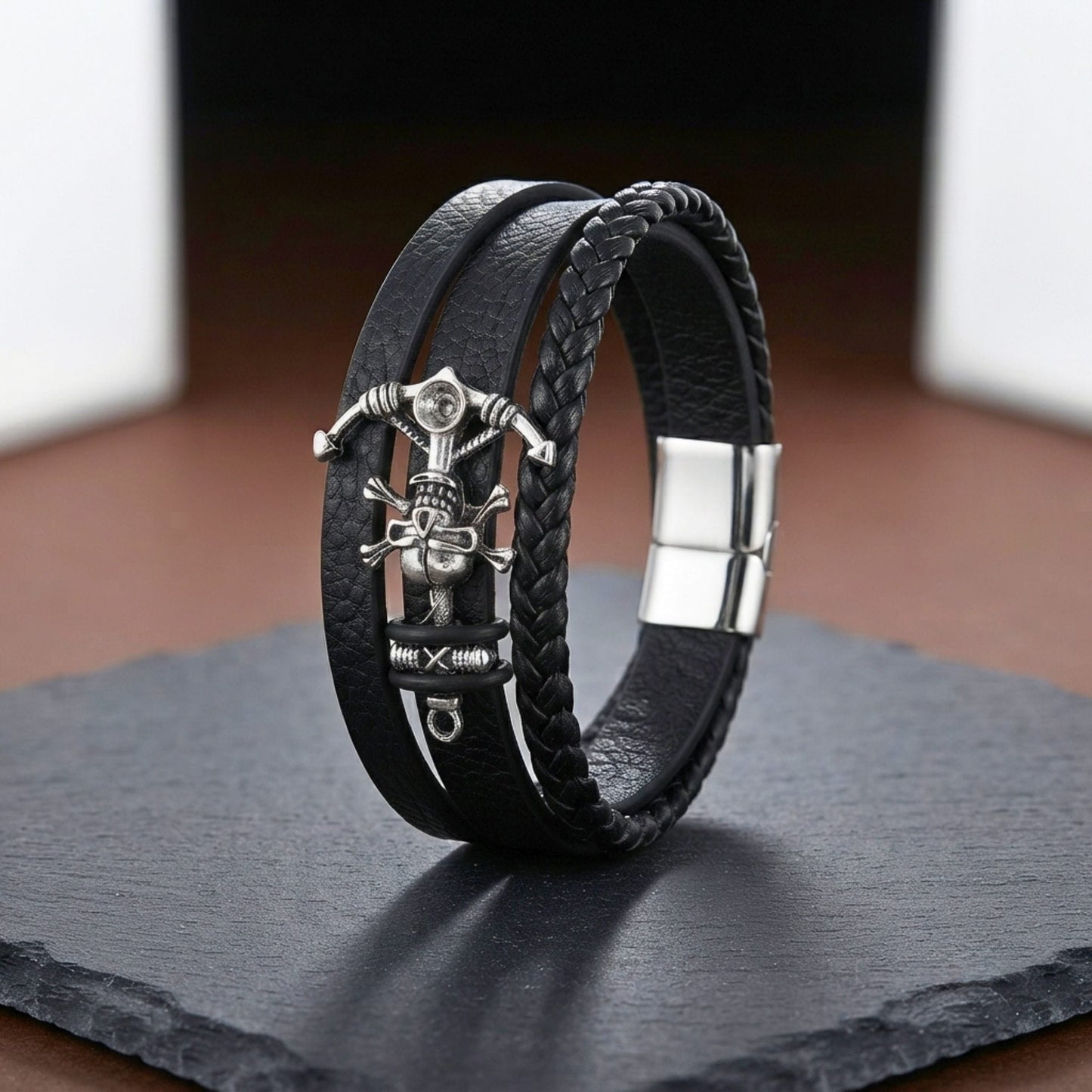 THE MEN THING Leather Bracelet SKULL ANCHOR - Genuine Leather Multi-Layer Bracelet with Stainless Steel Magnetic Buckle for Men & Boys (8 inch)