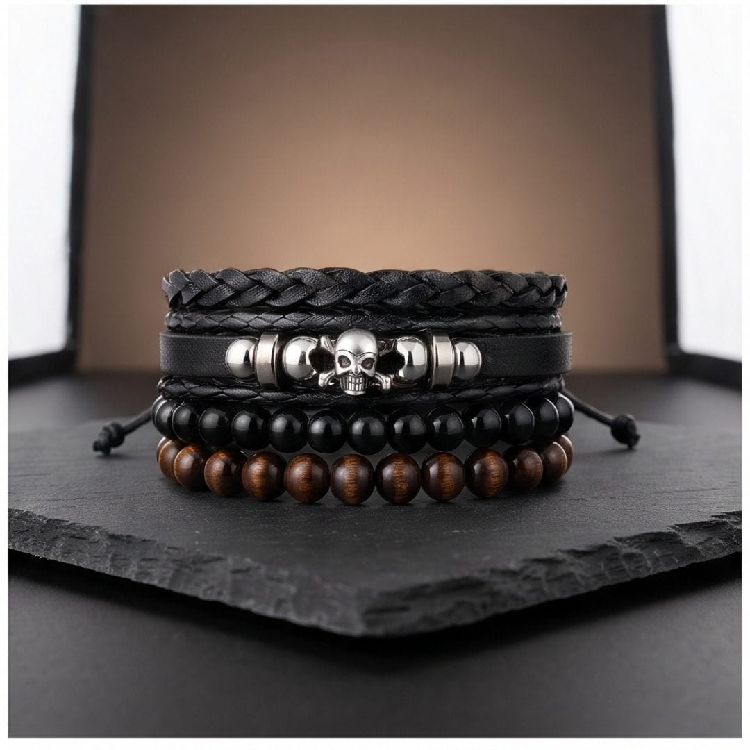 THE MEN THING Leather Bracelet SKULL BEAD STACK BLACK - 4 Pcs Genuine Leather Adjustable Bracelet for Men & Boys