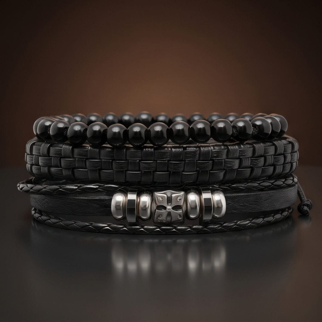 THE MEN THING Leather Bracelet SKULL STACK BLACK - 3 Pcs Genuine Leather Adjustable Bracelet for Men & Boys