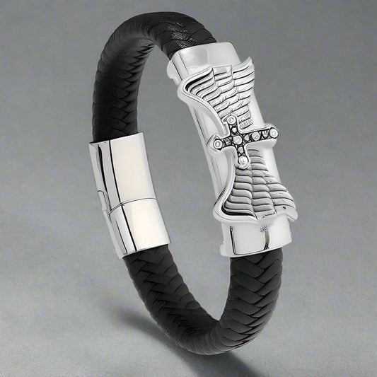 THE MEN THING Leather Bracelet SKYWARD GRACE BLACK - Genuine Leather Braided Bracelet with Stainless Steel Magnetic Buckle for Men & Boys (8 inch)