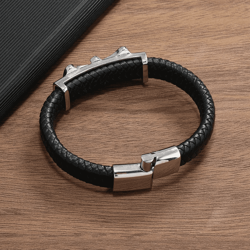 THE MEN THING Leather Bracelet SKYWARD GRACE BLACK - Genuine Leather Braided Bracelet with Stainless Steel Magnetic Buckle for Men & Boys (8 inch)