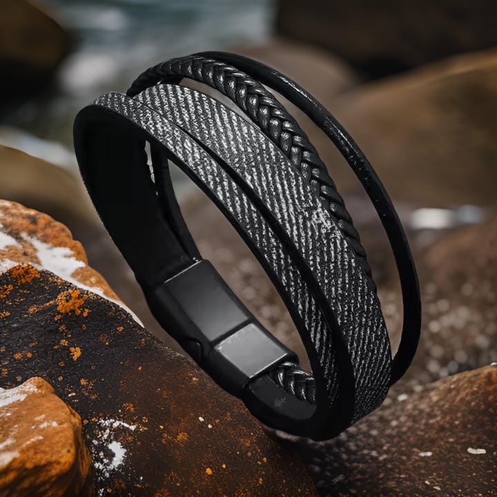 THE MEN THING Leather Bracelet SOLSTICE BAND - Black Genuine Braided Leather Bracelet Set for Men & Boys (8 inch)