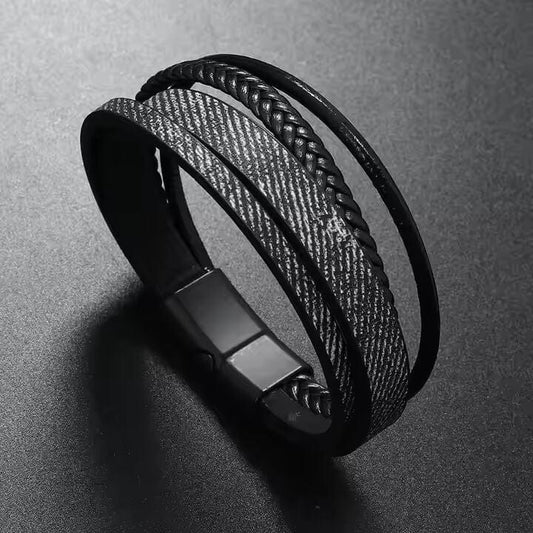 THE MEN THING Leather Bracelet SOLSTICE BAND - Black Genuine Braided Leather Bracelet Set for Men & Boys (8 inch)