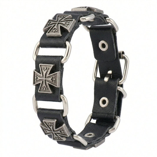 THE MEN THING Leather Bracelet SOVEREIGN CROSS - 23mm Genuine Leather Bracelet with Stainless Steel Buckle Clasp for Men & Boys (8 to 9 inch)