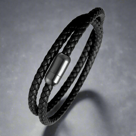 THE MEN THING Leather Bracelet STARRY TWINE BLACK - American Style Genuine Braided Leather Bracelet with Stainless Steel Clasp Magnetic Buckle for Men & Boy (8 inch)