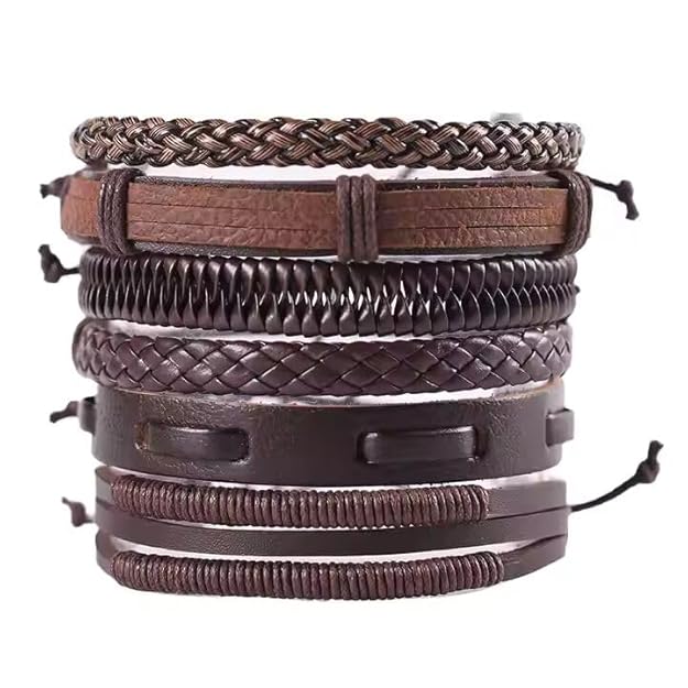 THE MEN THING Leather Bracelet STRING WOVEN 6 Pcs Genuine Leather Adjustable Bracelet Set for Men & Boys (8 inch)