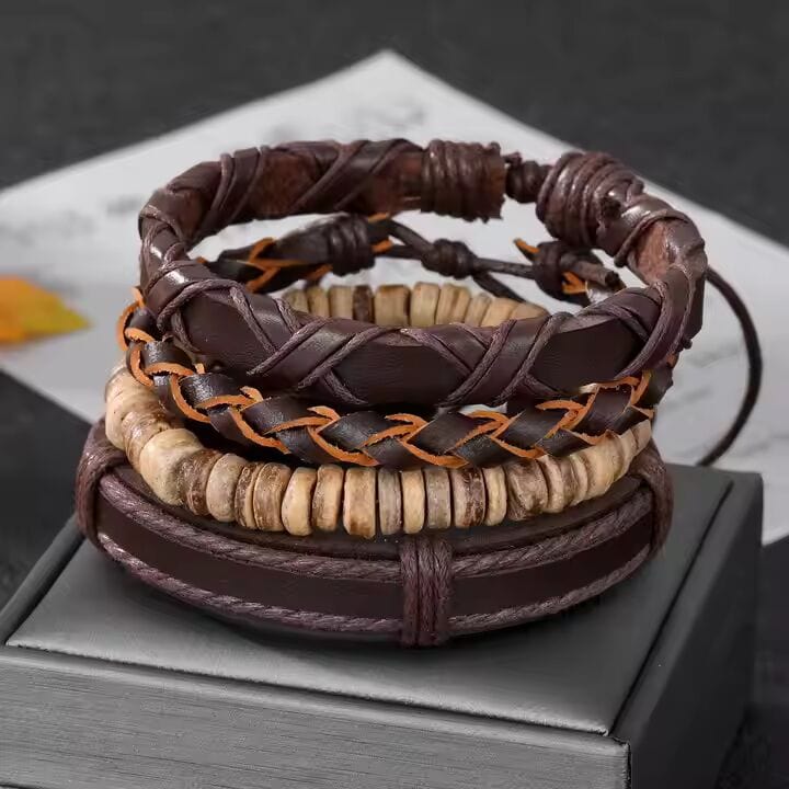 THE MEN THING Leather Bracelet SURVIVOR’S STRAND - 4 Pcs Genuine Braided Leather Bracelet Set for Men & Boys (8 inch)