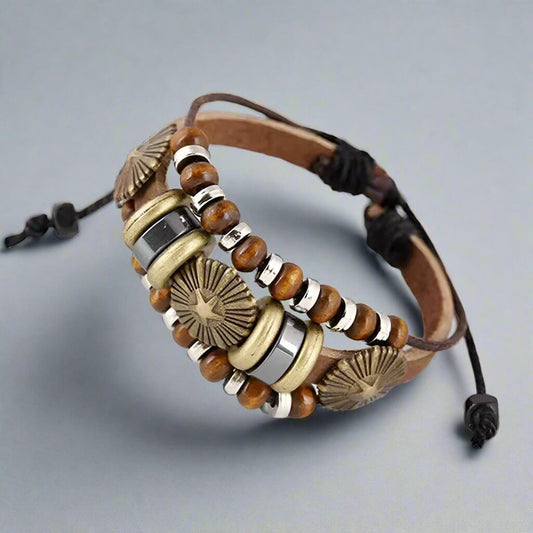 THE MEN THING Leather Bracelet TERRA BROWN - Genuine Leather Multi-Layer Beads Bracelet with Adjustable Rope for Men & Boys