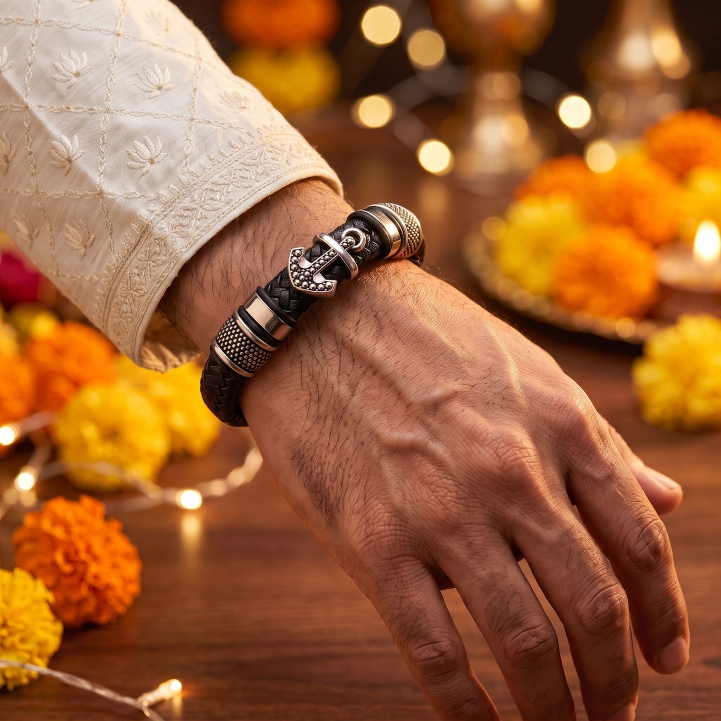 THE MEN THING Leather Bracelet The Perfect Rakhi Gift For Every Brother – ANCHOR KRAKEN BLACK Premium Leather Bracelets With Timeless Style (8 Inch)