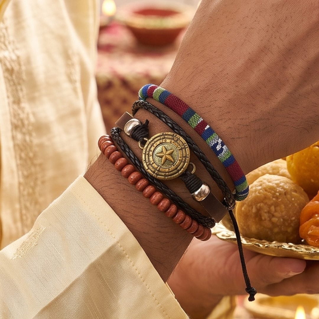 THE MEN THING Leather Bracelet The Perfect Rakhi Gift For Every Brother – COMPASS STAR BROWN - Leather Adjustable Bracelets With Timeless Style