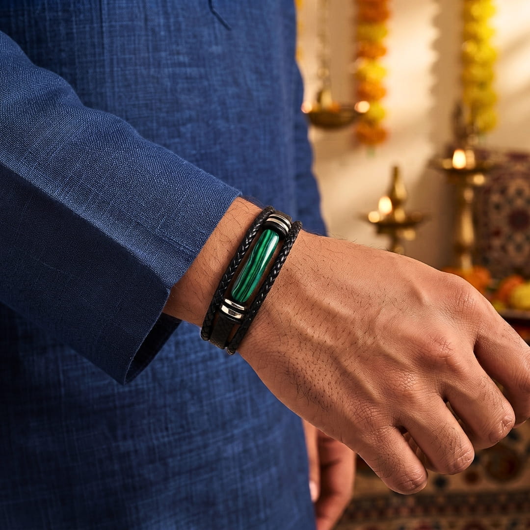 THE MEN THING Leather Bracelet The Perfect Rakhi Gift For Every Brother – GREEN HOWLITE CORE - Premium Leather Multi-Layer Bracelet With Timeless Style (8inch)