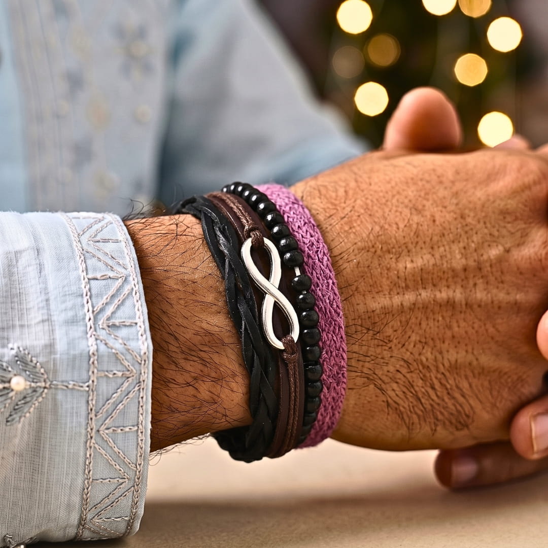 THE MEN THING Leather Bracelet The Perfect Rakhi Gift For Every Brother – INFINITE LEGACY - Premium 4 Pcs Leather Bracelets With Timeless Style (8inch)