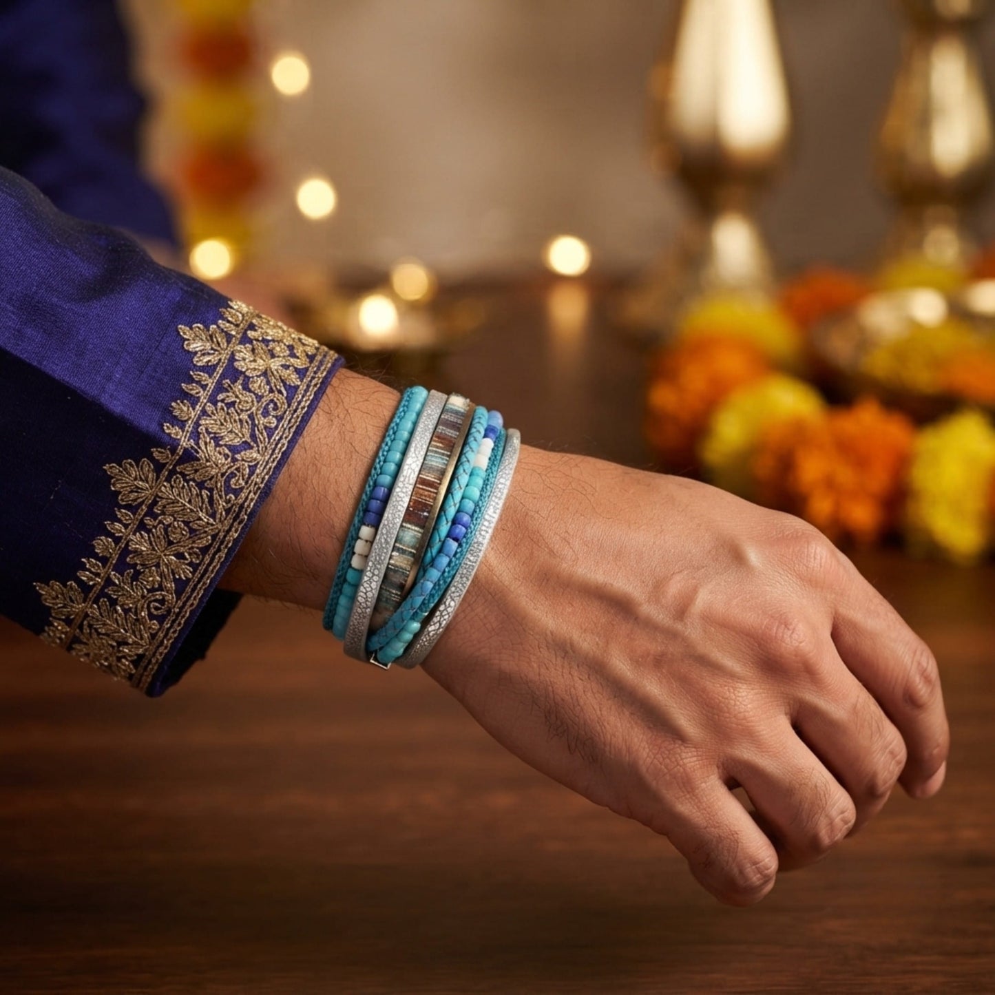 THE MEN THING Leather Bracelet The Perfect Rakhi Gift For Every Brother – Regalia - Blue Premium Leather Bracelets With Timeless Style (8 Inch)