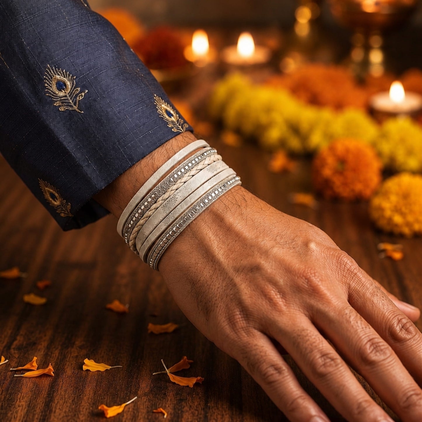 THE MEN THING Leather Bracelet The Perfect Rakhi Gift For Every Brother – Regalia - Off White Premium Leather Bracelets With Timeless Style (8 Inch)