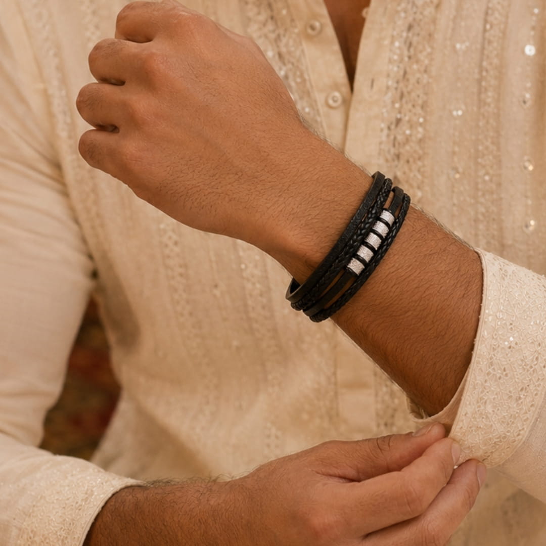THE MEN THING Leather Bracelet The Perfect Rakhi Gift For Every Brother – SILVER MATRIX BLACK - Premium Genuine Leather Bracelet With Timeless Style (8 Inch)