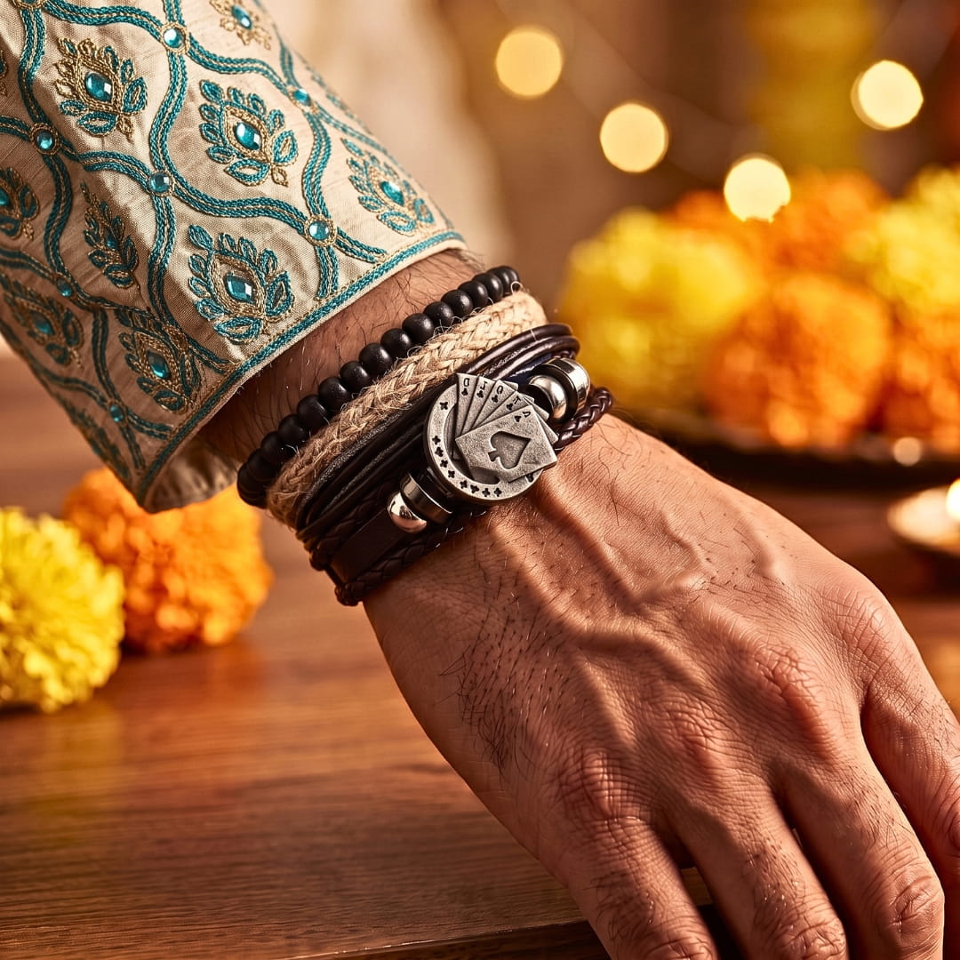 THE MEN THING Leather Bracelet The Perfect Rakhi Gift For Every Brother – THE GAMBLER’S CUFF - Premium 4 Pcs Leather Bracelets With Timeless Style (8inch)