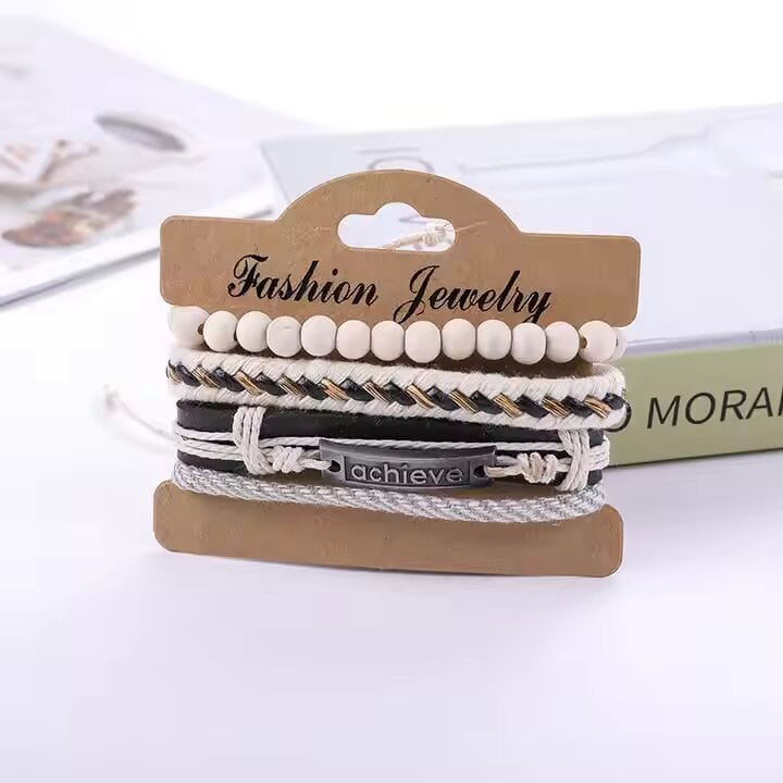 THE MEN THING Leather Bracelet TRAVERSE KNOT - 4 Pcs Genuine Braided Leather Bracelet Set for Men & Boys (8 inch)