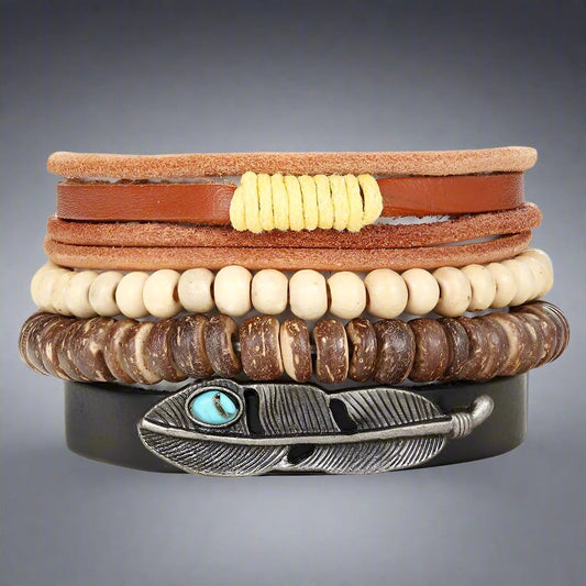 THE MEN THING Leather Bracelet TRIBAL FEATHER STACK - 4 Pcs Genuine Braided Leather Bracelet Set for Men & Boys (8 inch)