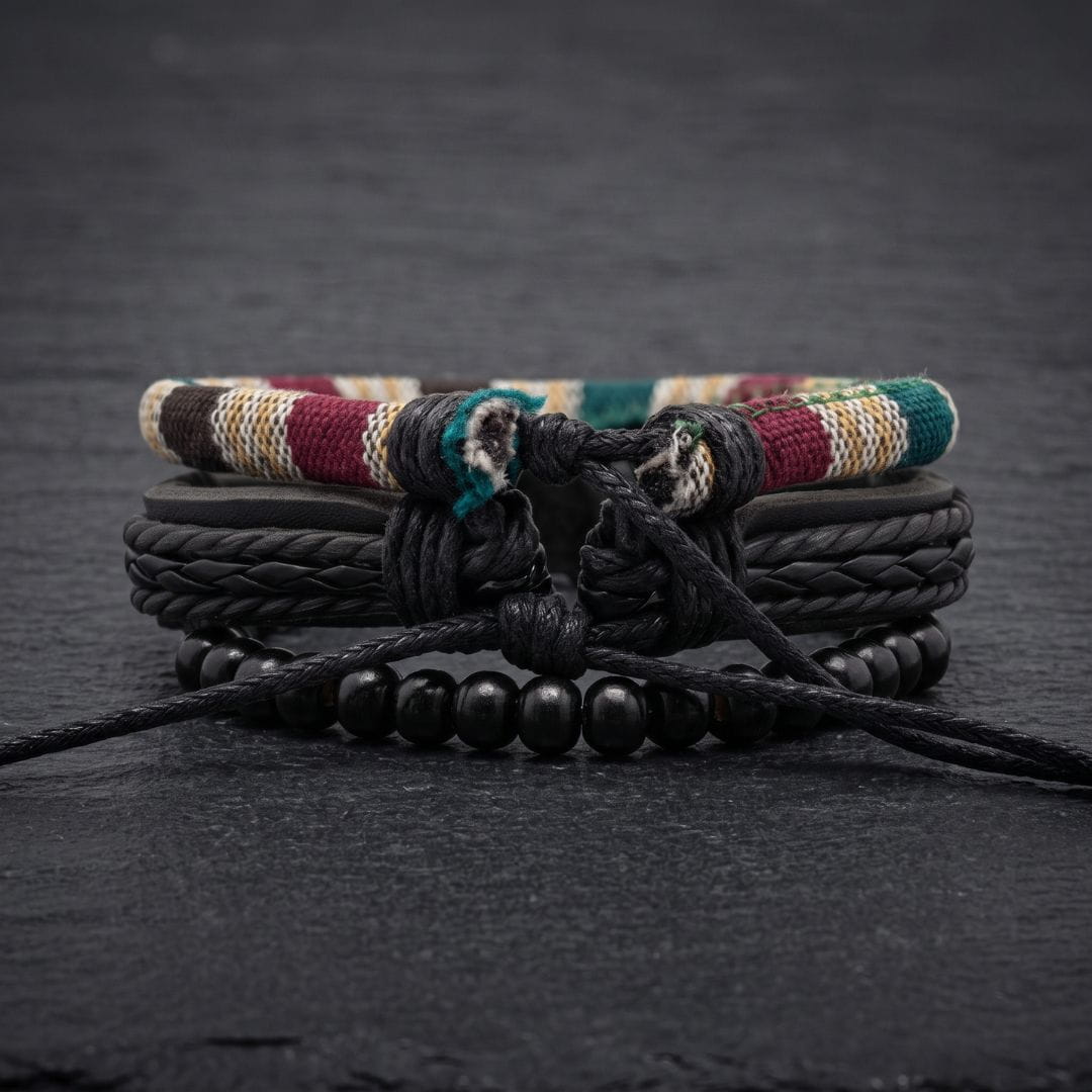 THE MEN THING Leather Bracelet TRIBAL LOOM - 3Pcs Genuine Leather Adjustable Bracelets Set for Men & Boys