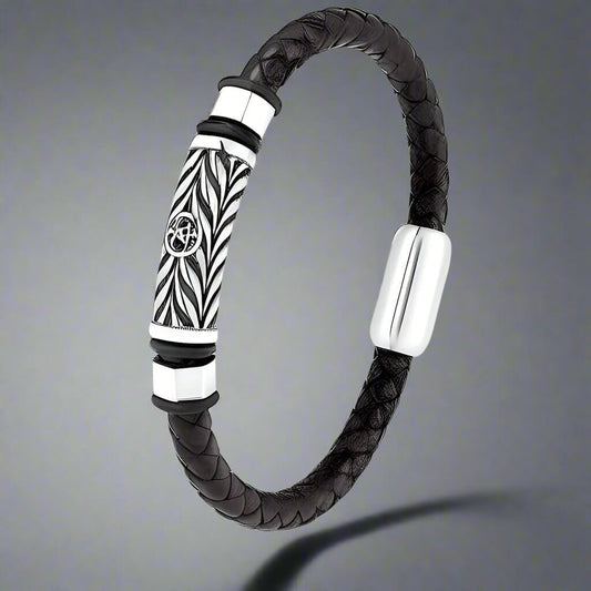 THE MEN THING Leather Bracelet TRINKET BLACK - Woven Black Genuine Leather Bracelet with Stainless Steel Magnetic Buckle for Men & Boy (8 inch)