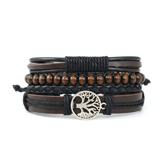THE MEN THING Leather Bracelet TWILIGHT LIFETREE - 4 Pcs Genuine Leather Adjustable Bracelet Set for Men & Boys (8 inch)