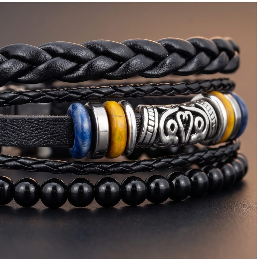 THE MEN THING Leather Bracelet TWIN RAM BLACK - 3Pcs Genuine Leather Adjustable Bracelets Set for Men & Boys (8 inch)