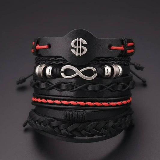 THE MEN THING Leather Bracelet URBAN DOLLAR - 5 Pcs Genuine Braided Leather Bracelet Set for Men & Boys (8 inch)