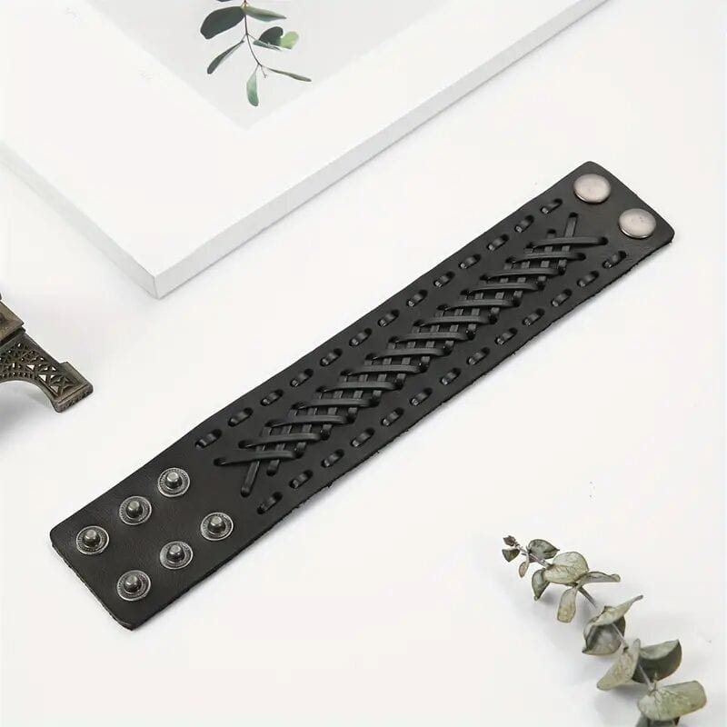 THE MEN THING Leather Bracelet VERTEX STRAP BLACK - Genuine Braided Leather Bracelet Set for Men & Boys (8 inch)