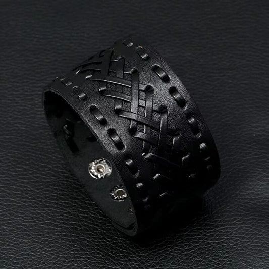 THE MEN THING Leather Bracelet VERTEX STRAP BLACK - Genuine Braided Leather Bracelet Set for Men & Boys (8 inch)