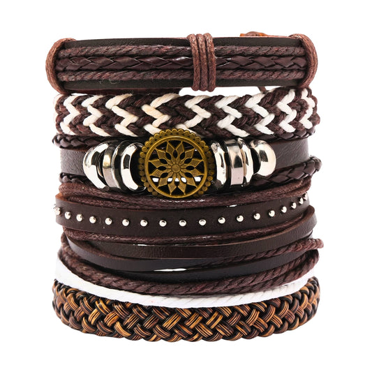 THE MEN THING Leather Bracelet VIKING TRAIL - 6 Pcs Genuine Leather Adjustable Bracelet for Men & Boys