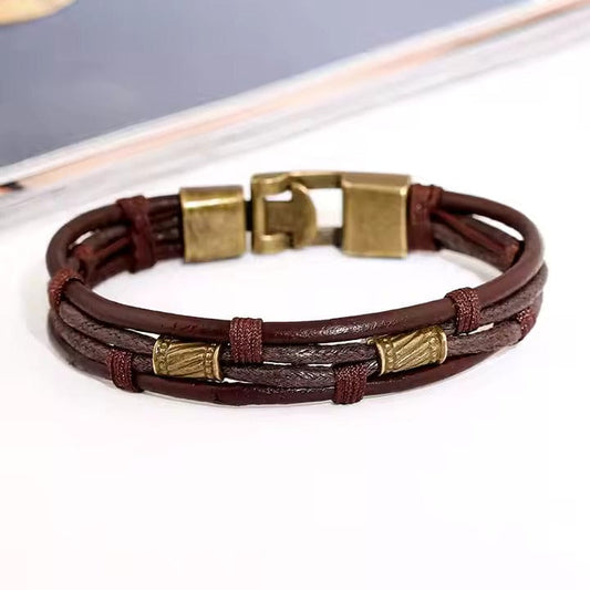 THE MEN THING Leather Bracelet WANDERER’S CUFF - Vintage Brown Genuine Braided Leather Bracelet Set for Men & Boys (8 inch)