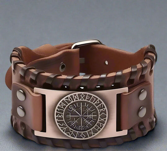 THE MEN THING Leather Bracelet WAYFINDER VIKING BROWN - "38"mm Wide Genuine Leather Adjustable Cuff Bracelet with Stainless Steel Hook for Men & Boys
