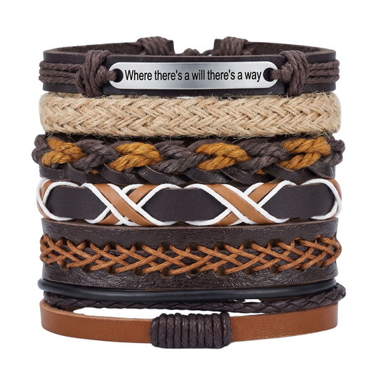 THE MEN THING Leather Bracelet WAYMAKER STACK - 6 Pcs Genuine Leather Adjustable Bracelet for Men & Boys