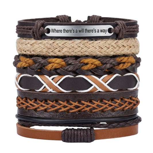 THE MEN THING Leather Bracelet WAYMAKER STACK - 6 Pcs Genuine Leather Adjustable Bracelet for Men & Boys