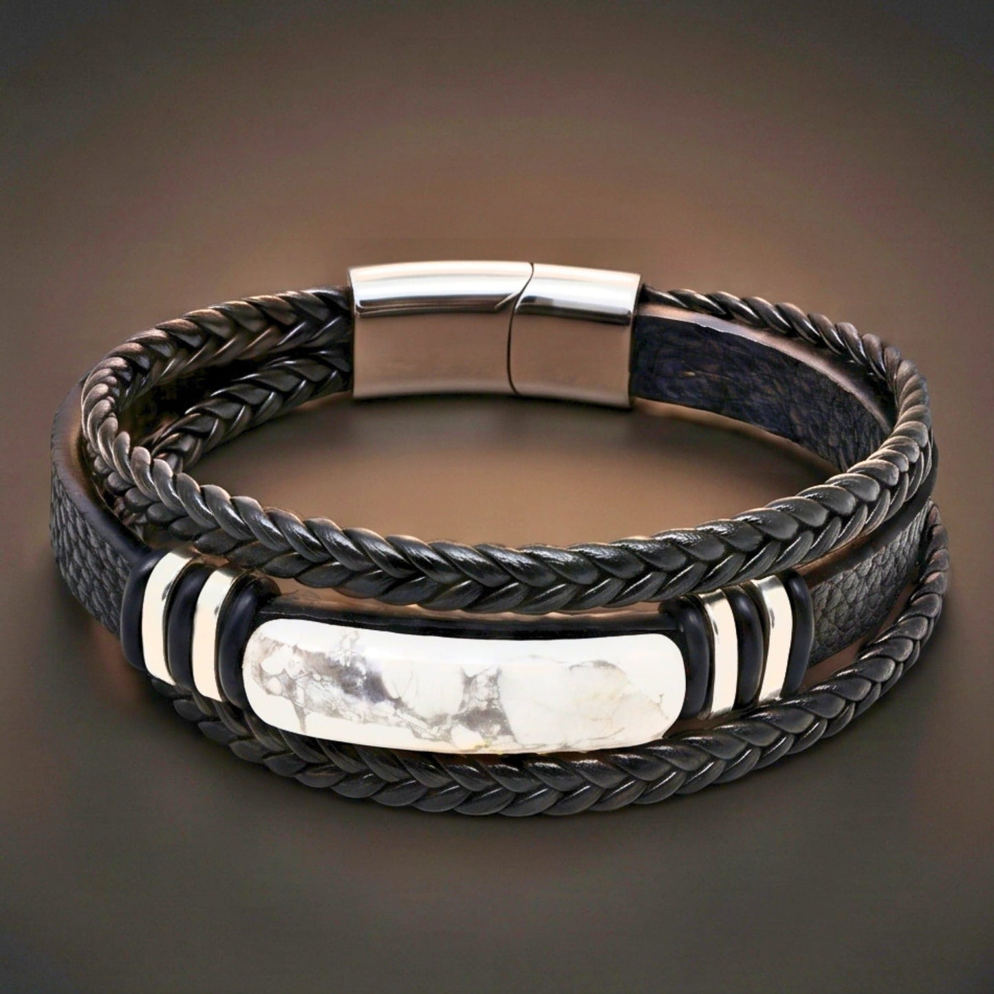 THE MEN THING Leather Bracelet WHITE HOWLITE CORE - 23mm Genuine Leather Multi-Layer Bracelet with Stainless Steel Magnetic Buckle for Men & Boys (8 inch)