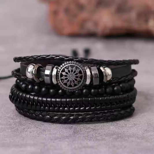 THE MEN THING Leather Bracelet ZEPHYR WEAVE - 4 Pcs Genuine Braided Leather Bracelet Set for Men & Boys (8 inch)