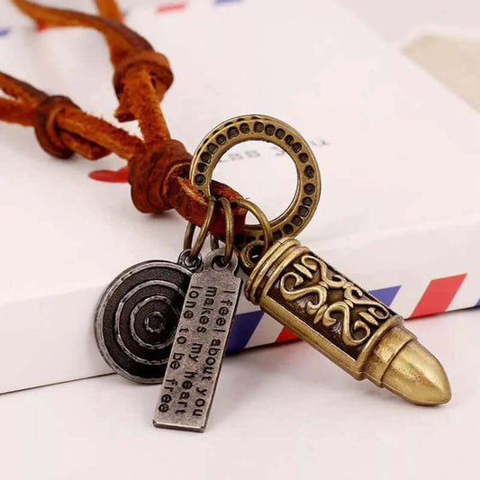 THE MEN THING Leather Necklace ANYTHING FOR YOU BROWN - Vintage Alloy Gold Bullet Pendant with Adjustable Pure Leather Cord Necklace for Men & Boys