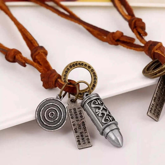 THE MEN THING Leather Necklace ANYTHING FOR YOU SILVER - Vintage Alloy Silver Bullet Pendant with Adjustable Pure Leather Cord Necklace for Men & Boys