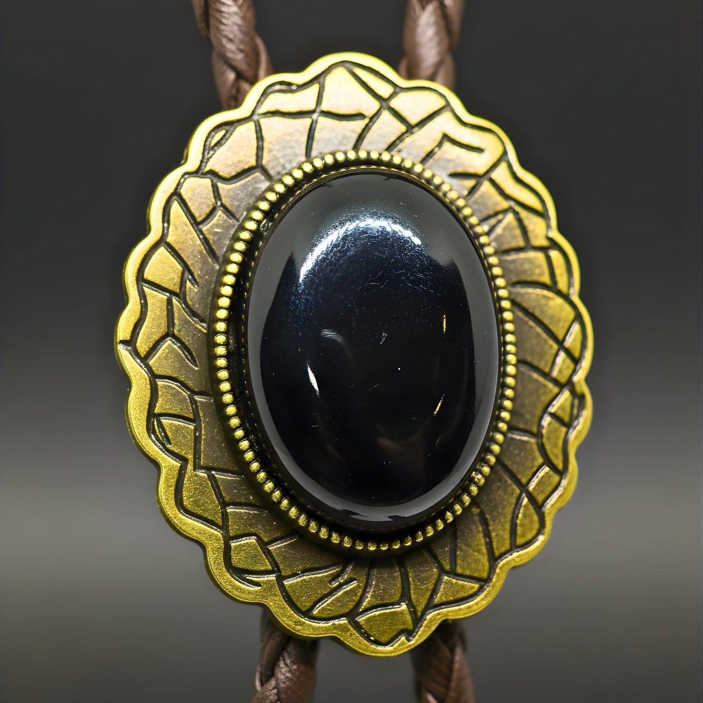 THE MEN THING Leather Necklace BLACK HERITAGE BOLO – 1.5 inch Pure Stainless Steel Pendant with Adjustable Brown Leather Rope for Men & Boys