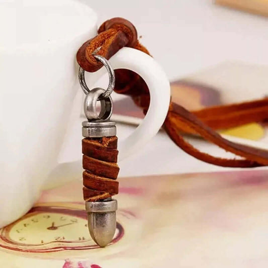 THE MEN THING Leather Necklace BULLETWRAP BROWN - Vintage Alloy Bullet Pendant with Adjustable Pure Leather Cord Necklace for Men & Boys