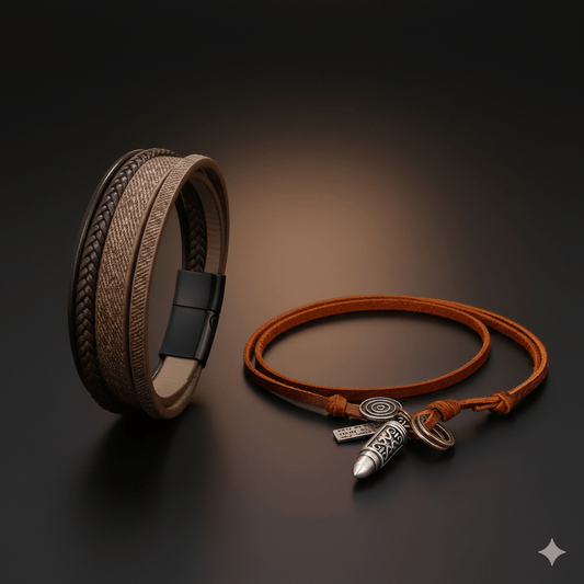 THE MEN THING Leather Necklace COMBO– Bullet Necklace & Brown Leather Bracelet for Men's