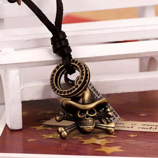 THE MEN THING Leather Necklace COWBOY SKULL - Vintage Alloy Hat Skull Pendant with Adjustable Pure Leather Cord Necklace for Men & Boys