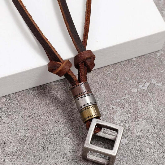 THE MEN THING Leather Necklace CUBICANO BROWN - Vintage Alloy Cube Pendant with Adjustable Pure Leather Cord Necklace for Men & Boys