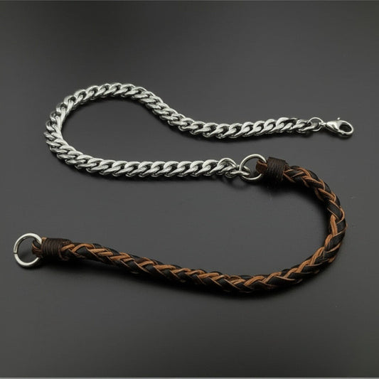 THE MEN THING Leather Necklace CURBLINK BRAID - Pure Titanium Steel Chain with Brown and Black Beaded Rope Necklace for Men and Boys - 17inch