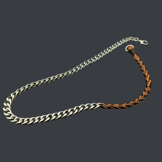THE MEN THING Leather Necklace CURBLINK BRAID - Pure Titanium Steel Chain with Drak Brown Beaded Rope Necklace for Men and Boys - 17inch