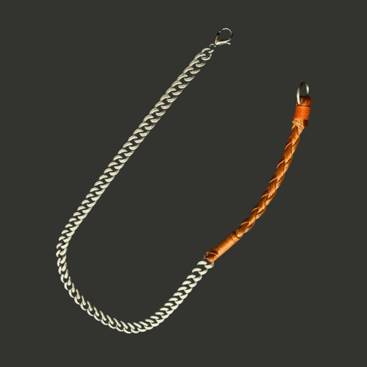 THE MEN THING Leather Necklace CURBLINK BRAID - Pure Titanium Steel Chain with Orange-Brown Beaded Rope Necklace for Men and Boys - 17inch