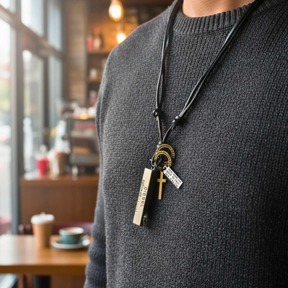 DIESEL FAITH – 2-Inch Pure Stainless Steel Pendant with Adjustable Leather Rope for Men & Boys — Leather Necklace for Men | THE MEN THING