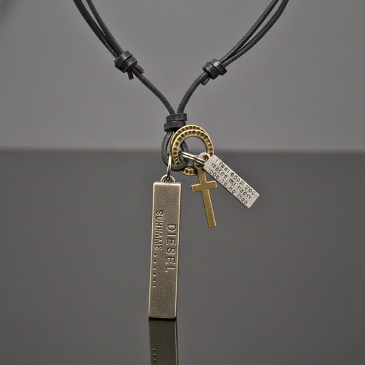 THE MEN THING Leather Necklace DIESEL FAITH – 2-Inch Pure Stainless Steel Pendant with Adjustable Leather Rope for Men & Boys
