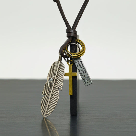 THE MEN THING Leather Necklace FAITH OF FEATHER – 2-Inch Pure Stainless Steel Pendant with Adjustable Leather Rope for Men & Boys