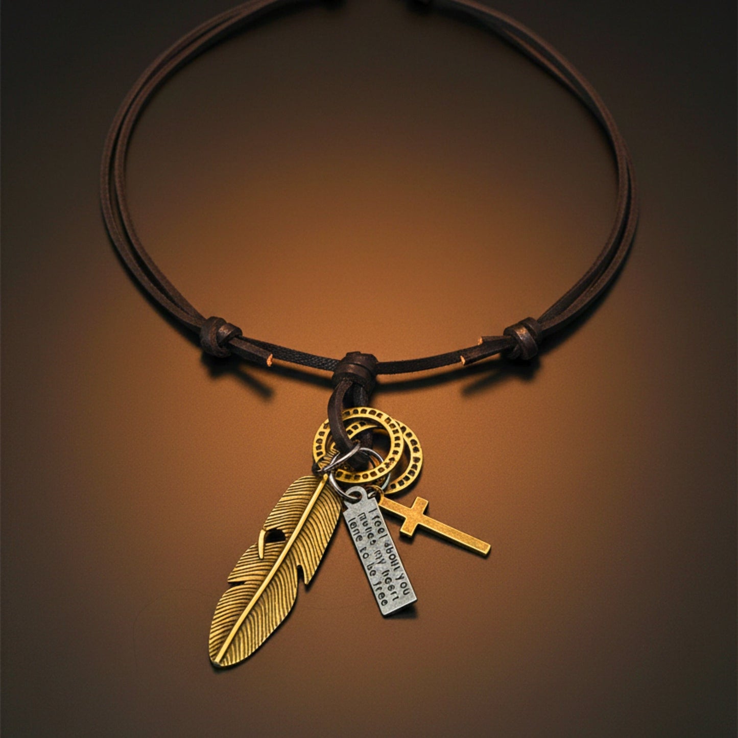 THE MEN THING Leather Necklace GOLDEN FEATHER OF FAITH – 2-Inch Pure Stainless Steel Pendant with Adjustable Leather Rope for Men & Boys